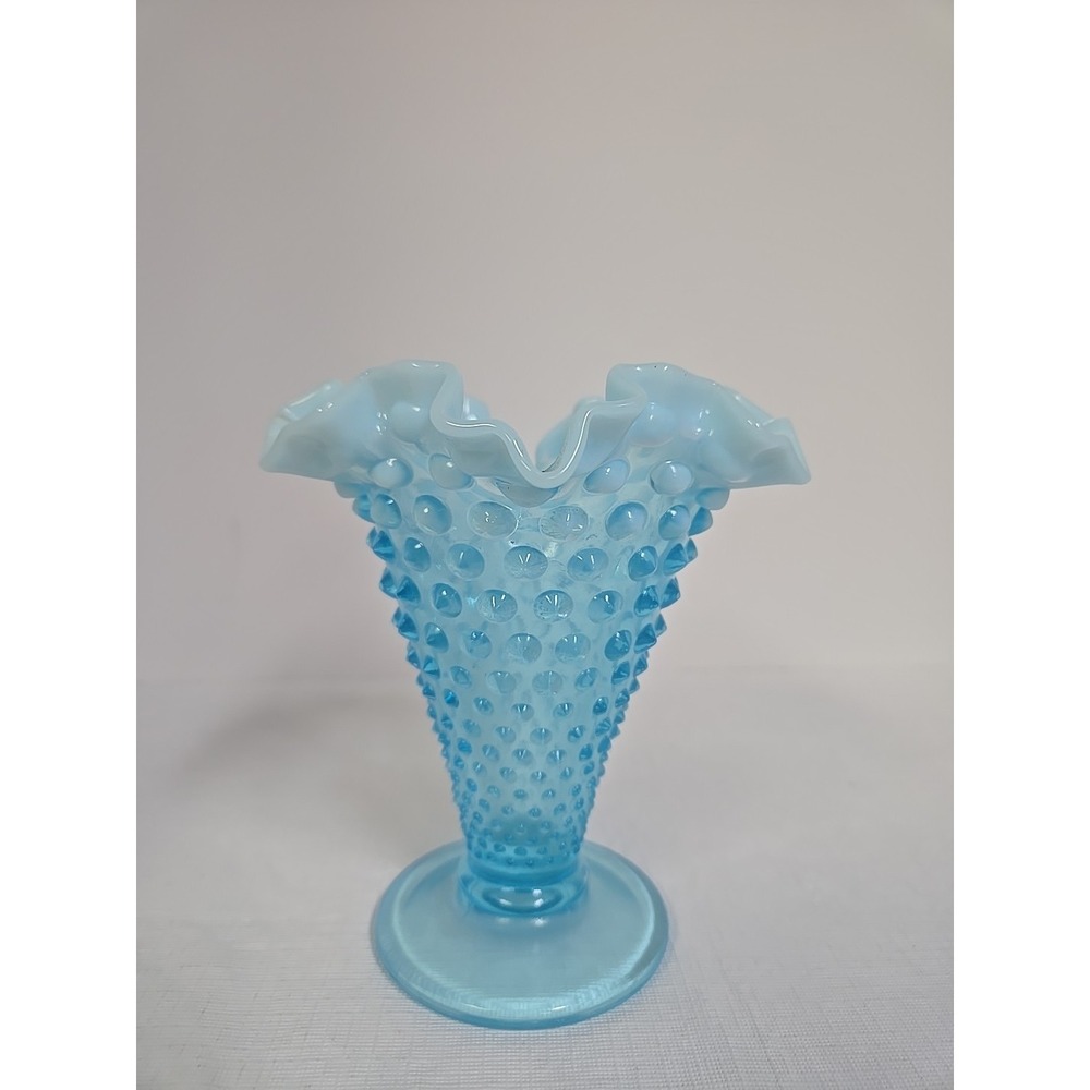 Vintage Fenton Aqua‎ Blue Opalescent Hobnail Ruffled Vase 5 1/2"